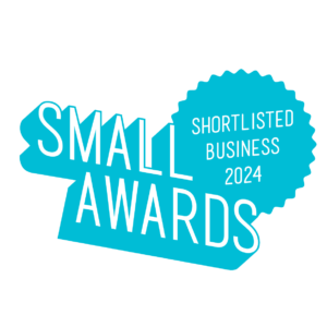 Logo for the Small Awards 2024, featuring bold turquoise text that reads 'SMALL AWARDS' with 'SHORTLISTED BUSINESS 2024' in a stylized ribbon badge overlay, all set against a clear background.